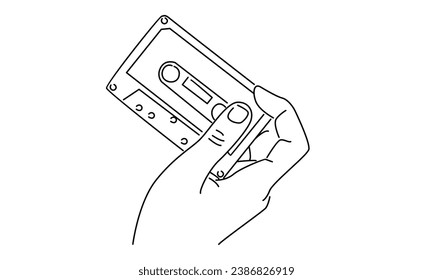 line art of hand holding cassette tape ribbon