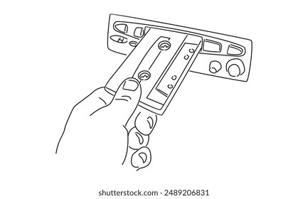 line art of hand holding cassette tape ribbon