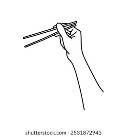 Line art hand holding chopsticks. Icon of hands and chopsticks. Hand and chopstick design elements. Vector illustration. 