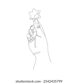 Line art hand holding a Christmas tree toy in the form of a star. Vector illustration on a white background. New Year card, festive mood.