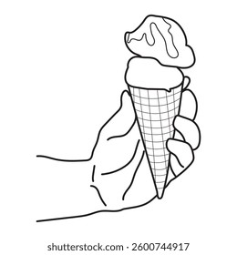Line art of Hand holding a delicious ice cream cone