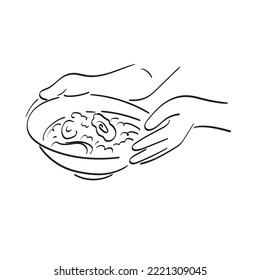 line art hand holding noodles in bowl illustration vector hand drawn isolated on white background