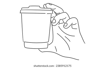 line art of Hand holding plastic cup of Coffee drink