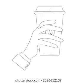 Line art of Hand holding plastic cup of Coffee drink, Coffee cup in hand. Minimalist line illustration of hand gripping a coffee cup