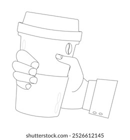 Line art of Hand holding plastic cup of Coffee drink, Coffee cup in hand. Minimalist line illustration of hand gripping a coffee cup