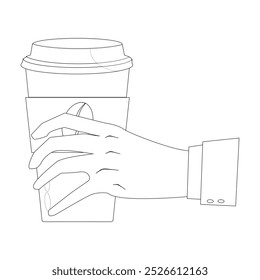 Line art of Hand holding plastic cup of Coffee drink, Coffee cup in hand. Minimalist line illustration of hand gripping a coffee cup