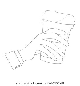 Line art of Hand holding plastic cup of Coffee drink, Coffee cup in hand. Minimalist line illustration of hand gripping a coffee cup