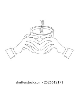 Line art of Hand holding plastic cup of Coffee drink, Coffee cup in hand. Minimalist line illustration of hand gripping a coffee cup