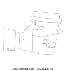 Line art of Hand holding plastic cup of Coffee drink, Coffee cup in hand. Minimalist line illustration of hand gripping a coffee cup