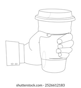 Line art of Hand holding plastic cup of Coffee drink, Coffee cup in hand. Minimalist line illustration of hand gripping a coffee cup