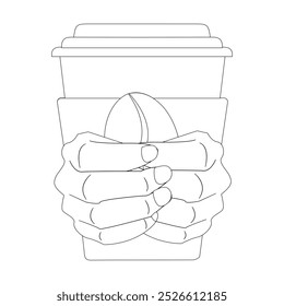 Line art of Hand holding plastic cup of Coffee drink, Coffee cup in hand. Minimalist line illustration of hand gripping a coffee cup