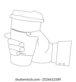 Line art of Hand holding plastic cup of Coffee drink, Coffee cup in hand. Minimalist line illustration of hand gripping a coffee cup