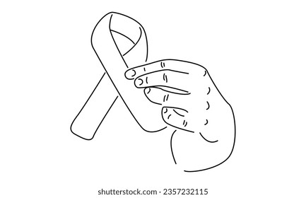 line art of hand holding ribbon cancer care vector illustration