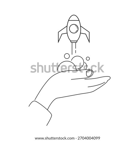 Line Art Hand Holding a Rocket Taking Off. Technology and business start up idea vector art