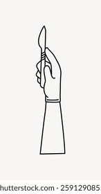 Line art of a hand holding a scalpel. Surgical tool in hand, scalpel in grip. Simple black and white illustration of a scalpel and hand in line art style. Vector illustration.