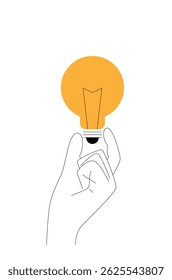 Line Art Hand Holding a Shining Light Bulb Isolated on White. Technology and electricity, bright start up business idea generation vector art