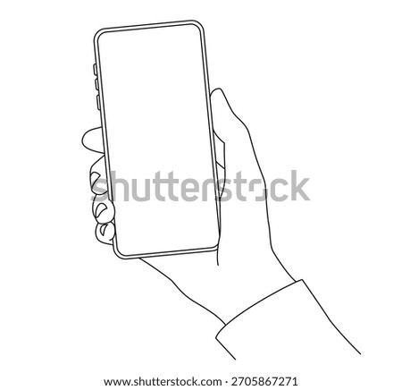Line art of a hand holding a smartphone with a blank screen. Minimal outline illustration for mobile, app mockup, technology, communication, and digital concepts.
