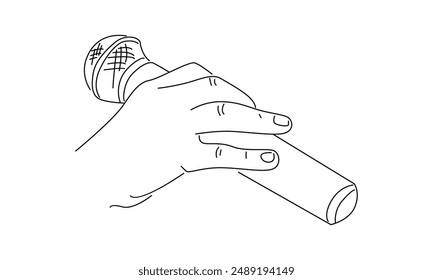 Line art of hand holding wired microphone