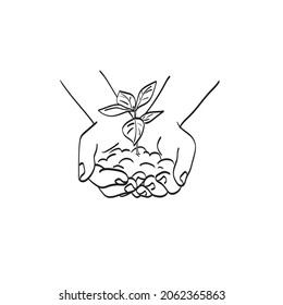 Line Art Hand Holding Young Plant Illustration Vector Isolated On White Background