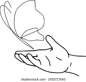 Line art hand holds a butterfly. Hand drawn vector hand in minimal style. Nature illustration. Isolated