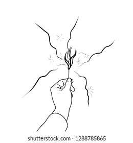 Line art hand holds sparkler. Magic.