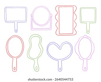 Line Art Hand Mirror Frame Vanity Icon. A charming collection of hand mirror illustrations in unique shapes including oval and abstract frames. Perfect for beauty girly themes and skincare branding