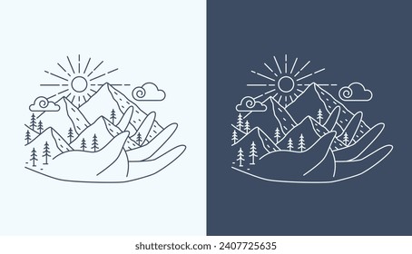 line art. hand and mountain views design