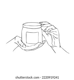 The line of art of the hand on which there is a jar of cream and the hands holding the lid on a white background are isolated. Doodle illustration