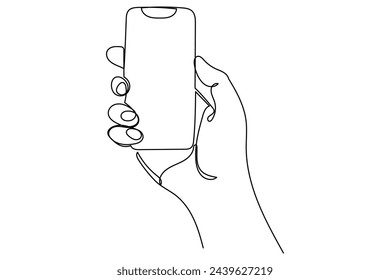 Line Art Hand With Phone. Abstract Doodle outline Editable Vector Human Arm Silhouette. Sketch Curve Drawn Hand Isolated On White