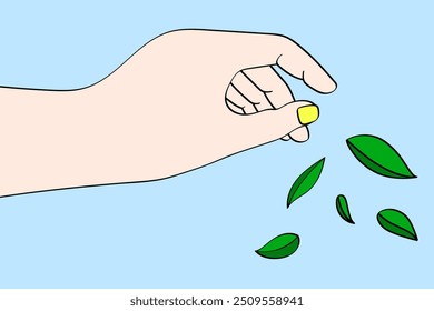 line art of hand scattering leaves.vector illustration for nature, environment, abstract concept.