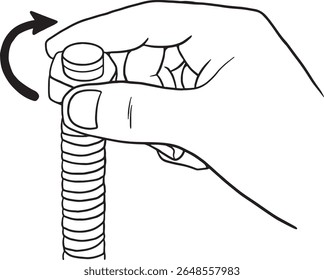 Parte da linha de uma mão torcendo uma tampa, acompanhada por uma seta curva indicando o movimento de viragem. Perfeito para manuais do usuário, instruções de produtos, guias DIY ou qualquer conteúdo que demonstre como abrir.