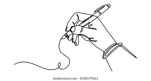 line art hand writing continuous line art drawing hand with pen line art illustration, continuous line drawing of hand writing or drawings. vector illustration for banner, poster, web, template. 