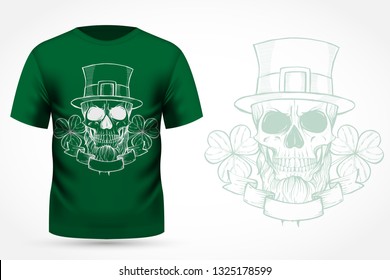 Line art, handdrawn angry skull of leprechaun with beard hat and clover leaves and a ribbon, St.Patrick s Day