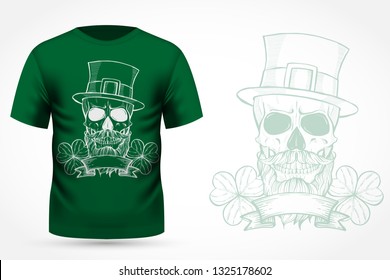 Line art, handdrawn angry skull of leprechaun with beard hat and clover leaves and a ribbon, St.Patrick s Day