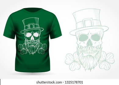 Line art, handdrawn angry skull of leprechaun with beard hat and clover leaves and a ribbon, St.Patrick s Day
