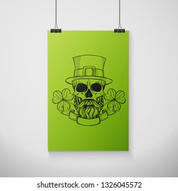 Line art, handdrawn angry skull of leprechaun with beard hat and clover leaves and a ribbon, St.Patrick s Day
