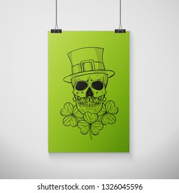 Line art, handdrawn angry skull of leprechaun with beard hat and clover leaves and a ribbon, St.Patrick s Day