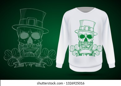 Line art, handdrawn angry skull of leprechaun with beard hat and clover leaves and a ribbon, St.Patrick s Day