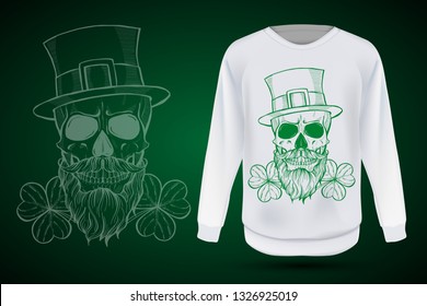 Line art, handdrawn angry skull of leprechaun with beard hat and clover leaves and a ribbon, St.Patrick s Day