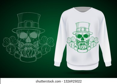 Line art, handdrawn angry skull of leprechaun with beard hat and clover leaves and a ribbon, St.Patrick s Day