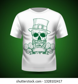 Line art, handdrawn angry skull of leprechaun with beard hat and clover leaves and a ribbon, St.Patrick s Day