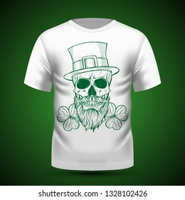 Line art, handdrawn angry skull of leprechaun with beard hat and clover leaves and a ribbon, St.Patrick s Day