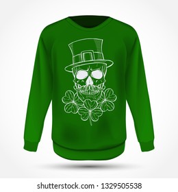 Line art, handdrawn angry skull of leprechaun with beard hat and clover leaves and a ribbon, St.Patrick s Day