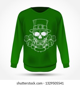 Line art, handdrawn angry skull of leprechaun with beard hat and clover leaves and a ribbon, St.Patrick s Day