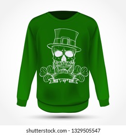 Line art, handdrawn angry skull of leprechaun with beard hat and clover leaves and a ribbon, St.Patrick s Day