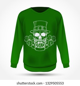Line art, handdrawn angry skull of leprechaun with beard hat and clover leaves and a ribbon, St.Patrick s Day