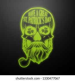 Line art, handdrawn angry skull with beard, St.Patrick s Day