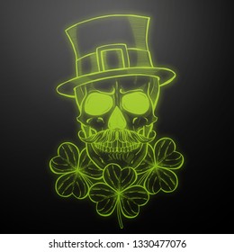 Line art, handdrawn angry skull of leprechaun with beard hat and clover leaves and a ribbon, St.Patrick s Day