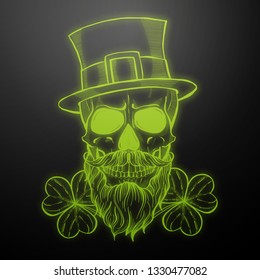 Line art, handdrawn angry skull of leprechaun with beard hat and clover leaves and a ribbon, St.Patrick s Day