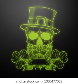 Line art, handdrawn angry skull of leprechaun with beard hat and clover leaves and a ribbon, St.Patrick s Day